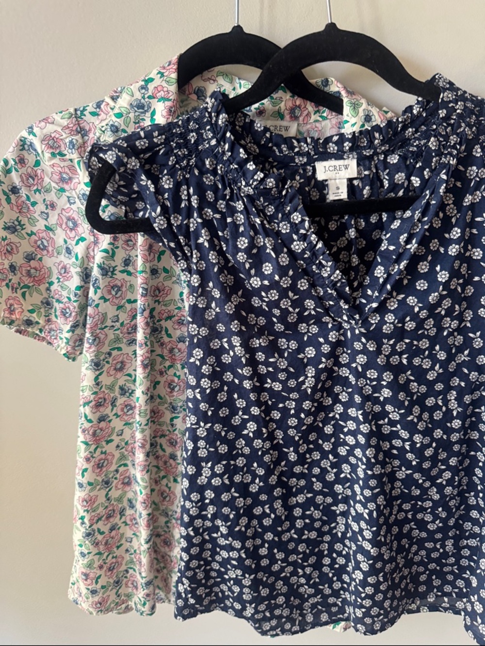 2  - J. Crew Navy Floral Smocked Neck Blouses